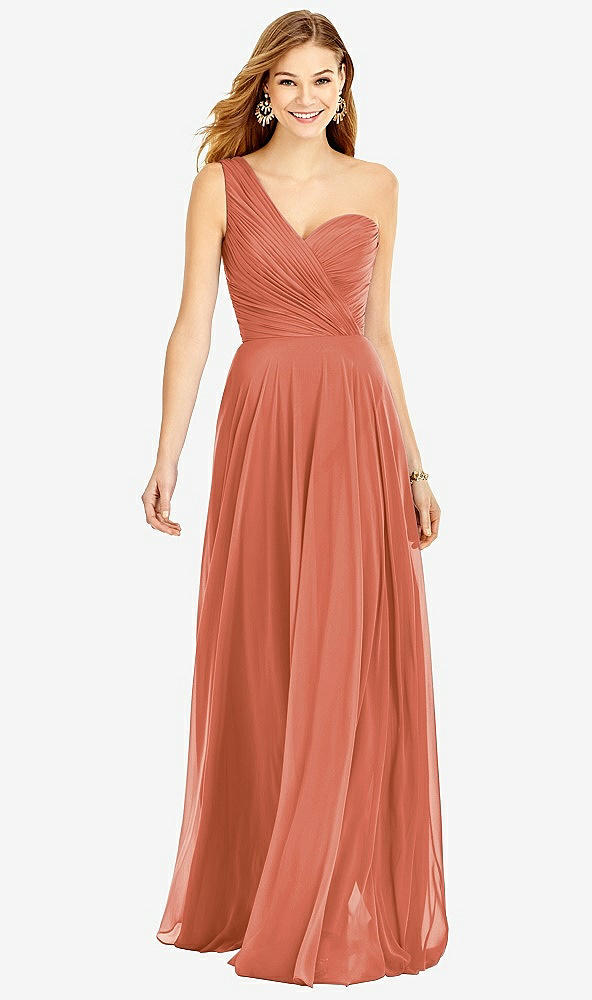 Front View - Terracotta Copper One-Shoulder Draped Chiffon Maxi Dress - Dani