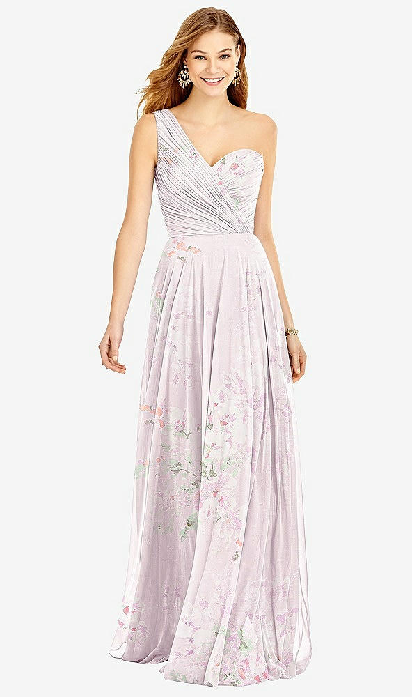 Front View - Watercolor Print One-Shoulder Draped Chiffon Maxi Dress - Dani