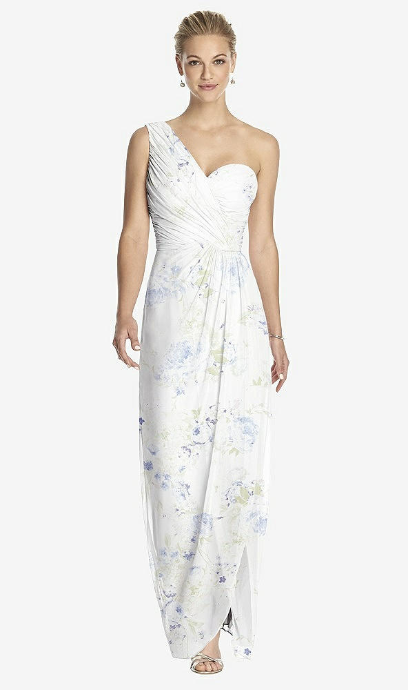 Front View - Bleu Garden One-Shoulder Draped Maxi Dress with Front Slit - Aeryn