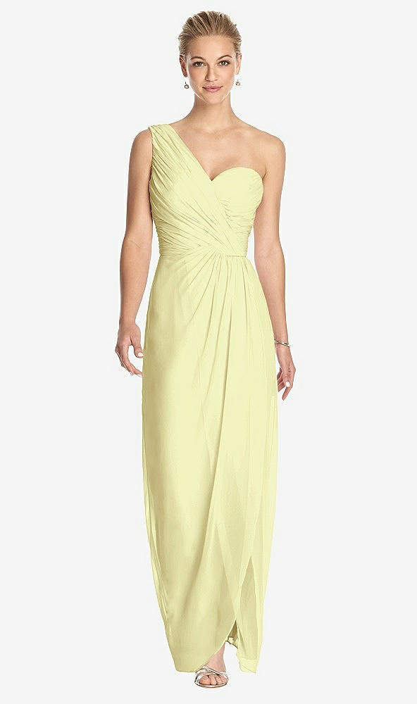 Front View - Butter Yellow One-Shoulder Draped Maxi Dress with Front Slit - Aeryn