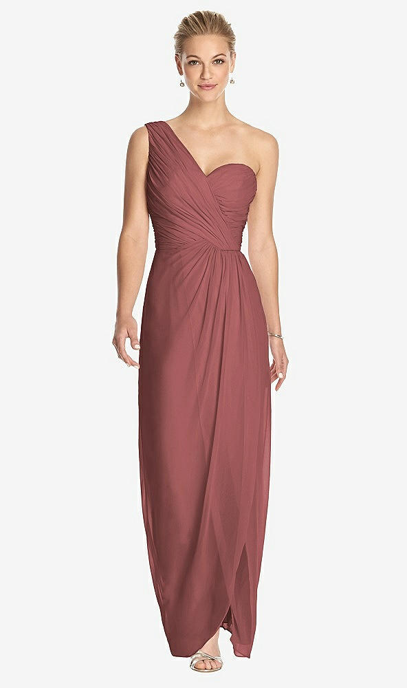 Front View - English Rose One-Shoulder Draped Maxi Dress with Front Slit - Aeryn