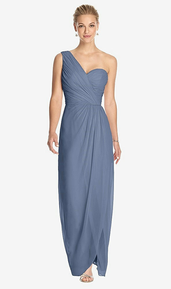 Front View - Larkspur Blue One-Shoulder Draped Maxi Dress with Front Slit - Aeryn