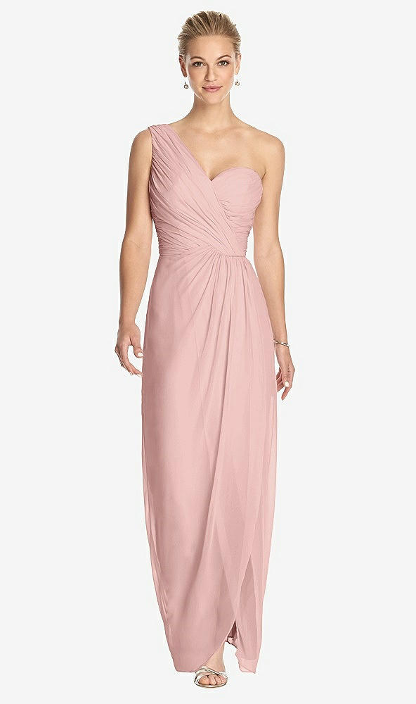 Front View - Rose - PANTONE Rose Quartz One-Shoulder Draped Maxi Dress with Front Slit - Aeryn