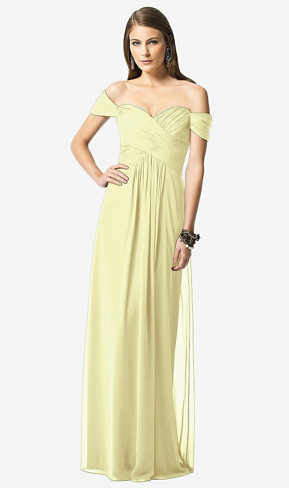 Front View - Butter Yellow Off-the-Shoulder Ruched Chiffon Maxi Dress - Alessia