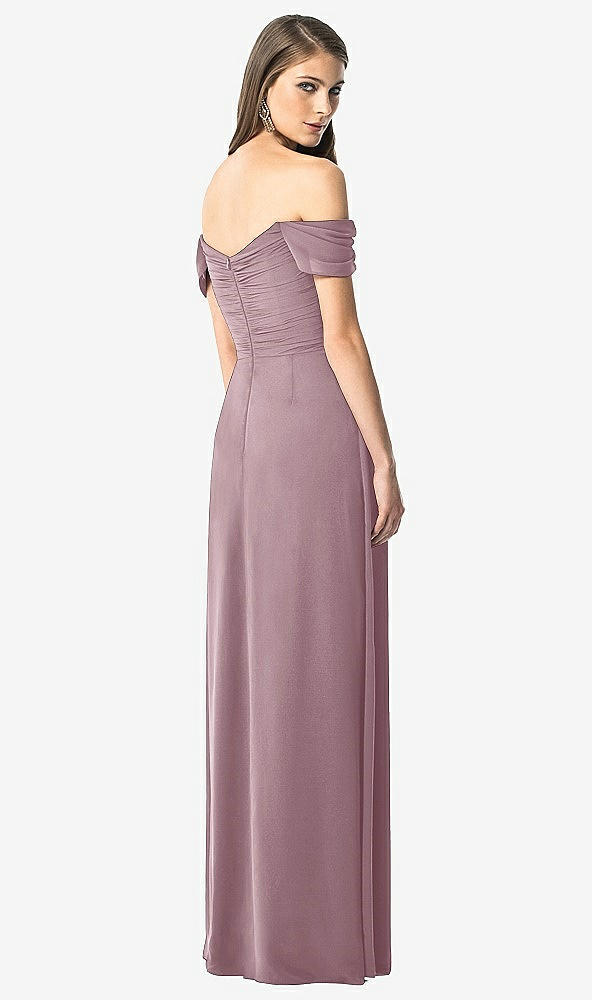 Back View - Dusty Rose Off-the-Shoulder Ruched Chiffon Maxi Dress - Alessia