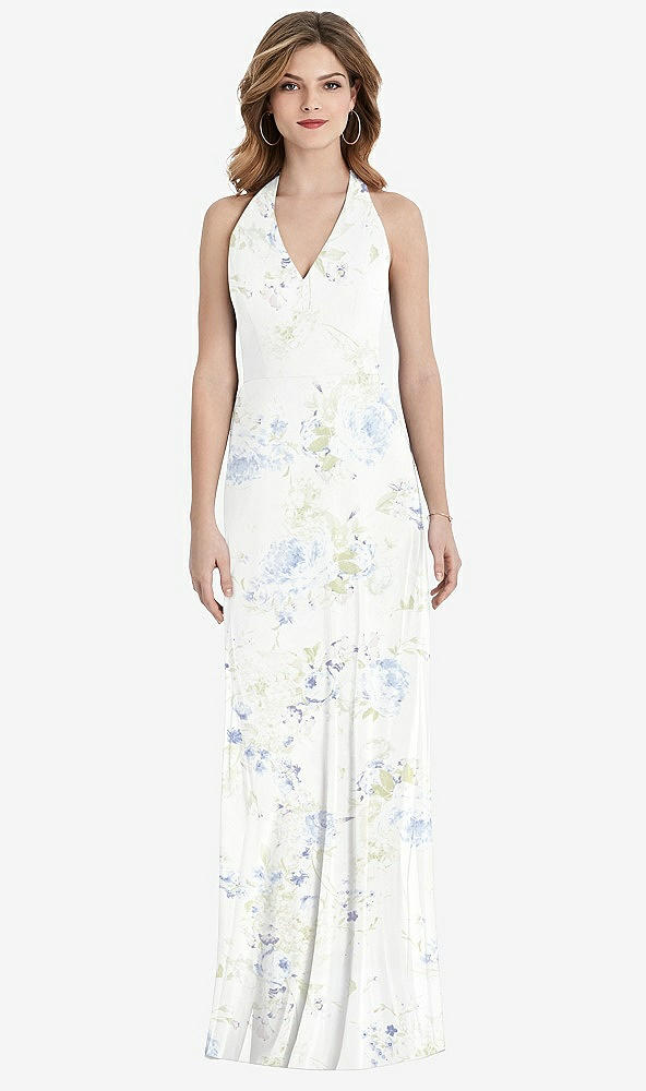 Back View - Bleu Garden V-Neck Halter Chiffon Maxi Dress - Taryn