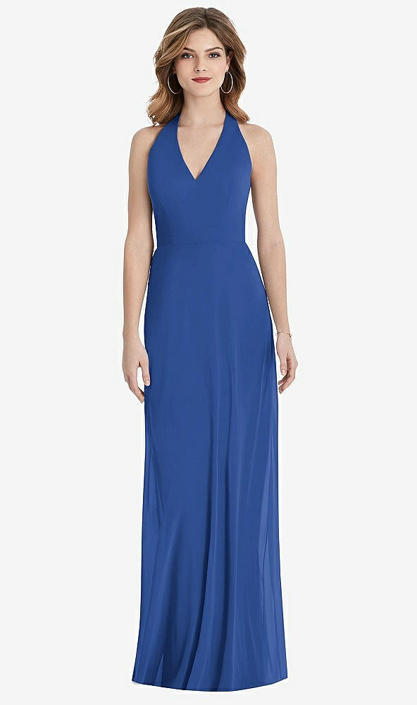 Back View - Classic Blue V-Neck Halter Chiffon Maxi Dress - Taryn