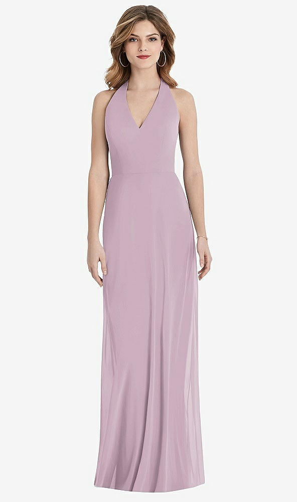 Back View - Suede Rose V-Neck Halter Chiffon Maxi Dress - Taryn