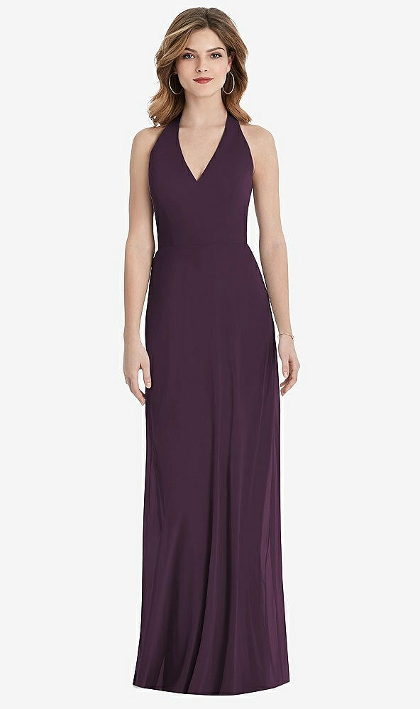 Back View - Aubergine V-Neck Halter Chiffon Maxi Dress - Taryn