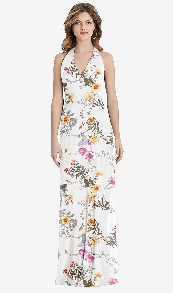 Back View - Butterfly Botanica Ivory V-Neck Halter Chiffon Maxi Dress - Taryn