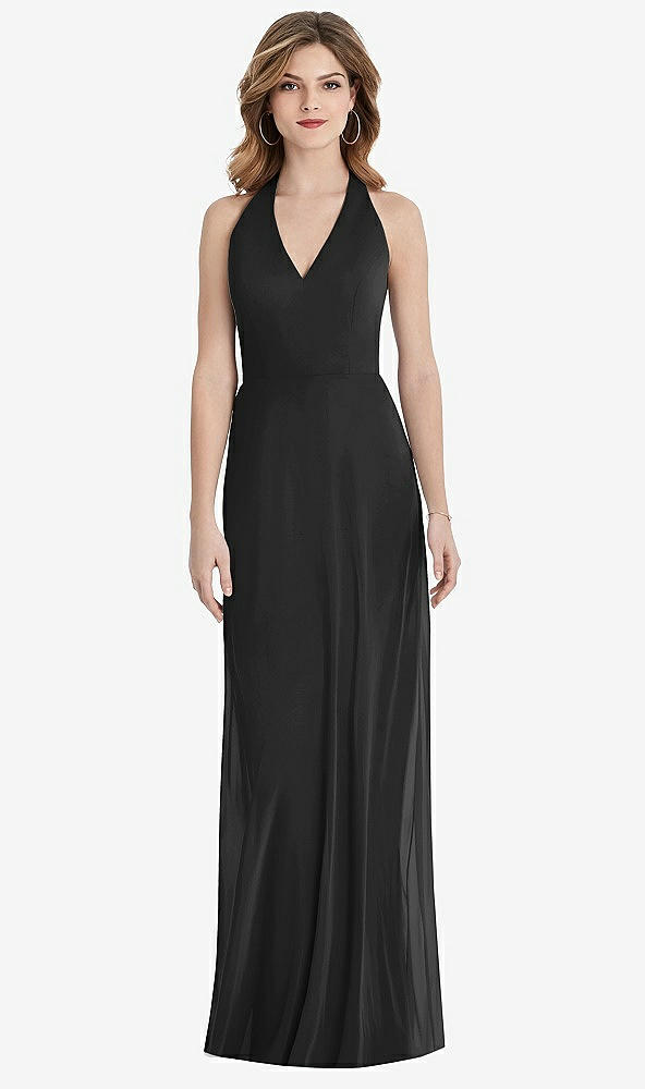 Back View - Black V-Neck Halter Chiffon Maxi Dress - Taryn