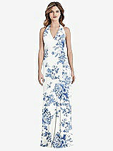 Rear View Thumbnail - Cottage Rose Dusk Blue V-Neck Halter Chiffon Maxi Dress - Taryn