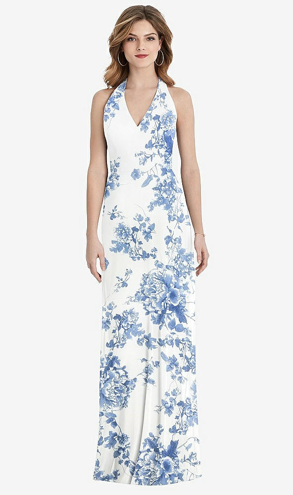 Back View - Cottage Rose Dusk Blue V-Neck Halter Chiffon Maxi Dress - Taryn