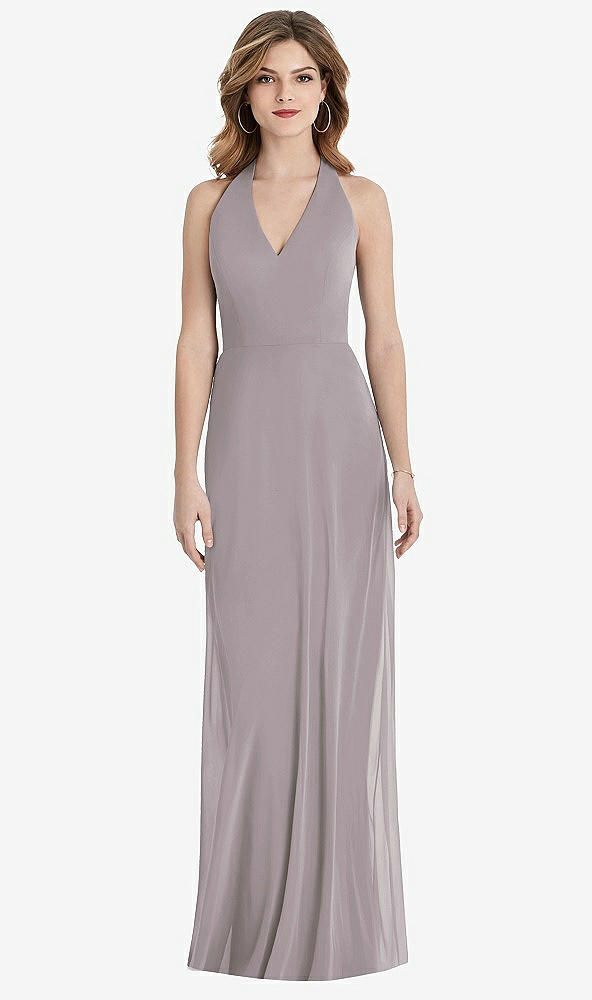 Back View - Cashmere Gray V-Neck Halter Chiffon Maxi Dress - Taryn