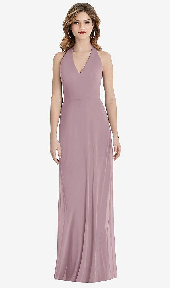 Back View - Dusty Rose V-Neck Halter Chiffon Maxi Dress - Taryn