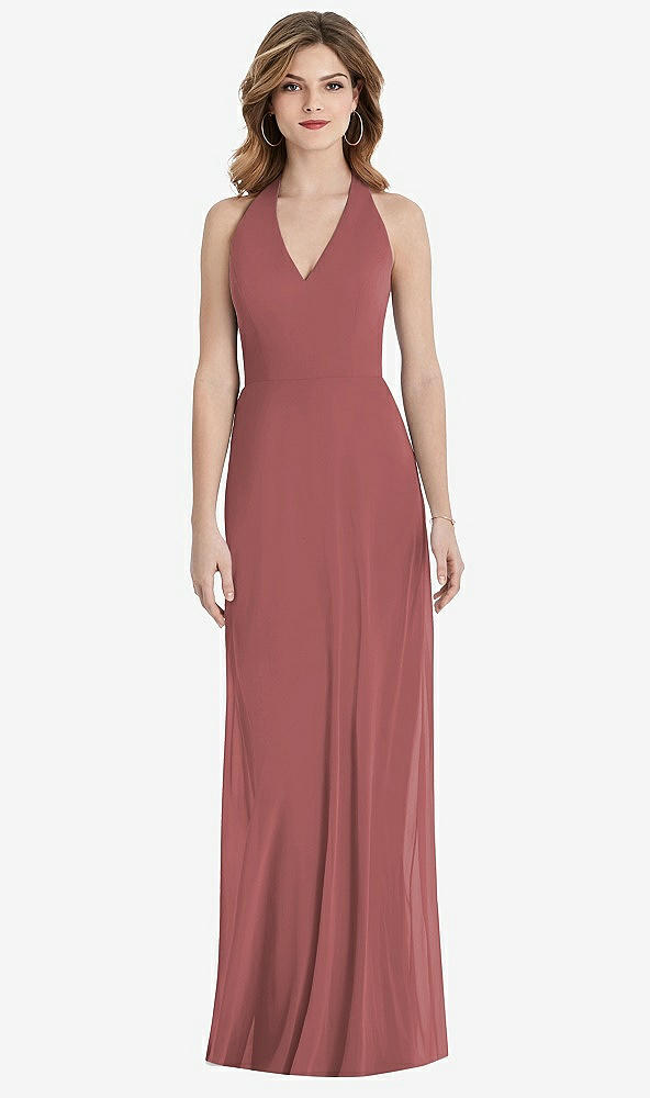 Back View - English Rose V-Neck Halter Chiffon Maxi Dress - Taryn