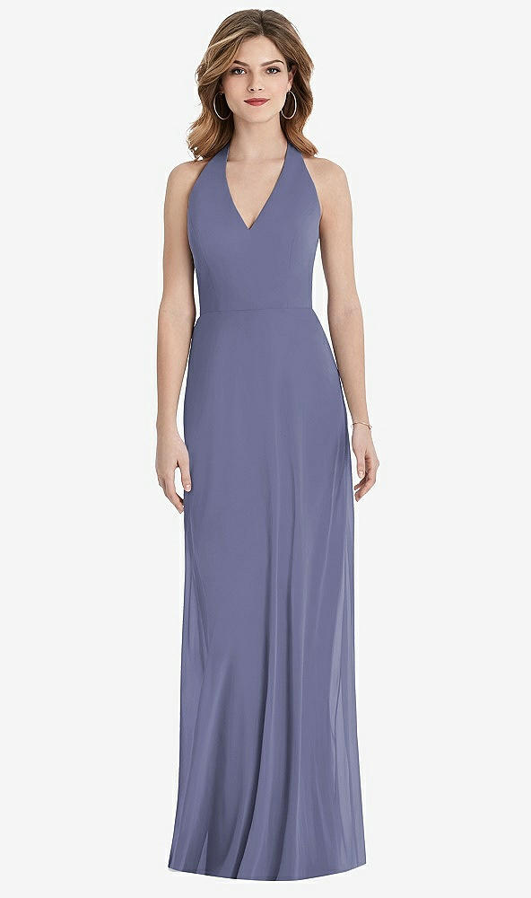 Back View - French Blue V-Neck Halter Chiffon Maxi Dress - Taryn