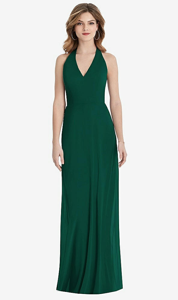 Back View - Hunter Green V-Neck Halter Chiffon Maxi Dress - Taryn