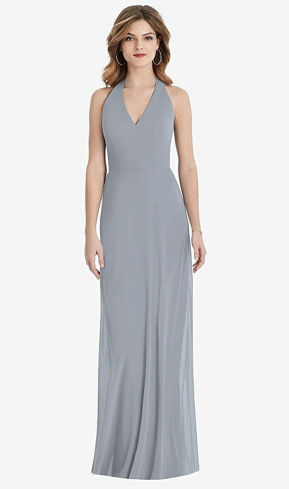 Back View - Platinum V-Neck Halter Chiffon Maxi Dress - Taryn