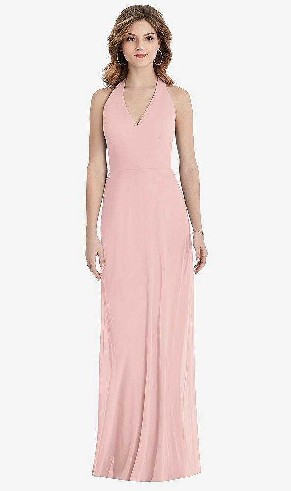 Back View - Rose - PANTONE Rose Quartz V-Neck Halter Chiffon Maxi Dress - Taryn