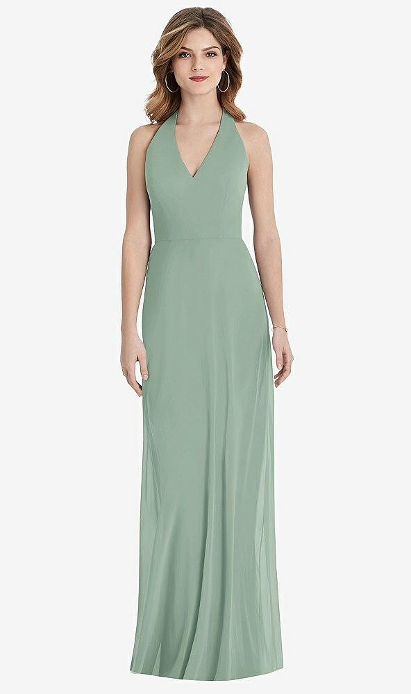 Back View - Seagrass V-Neck Halter Chiffon Maxi Dress - Taryn