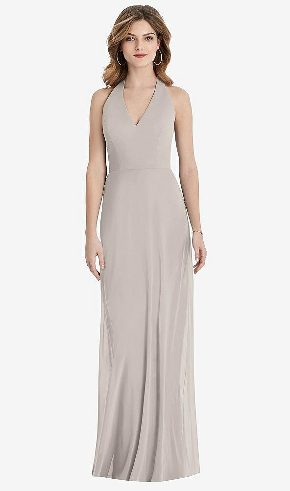 Back View - Taupe V-Neck Halter Chiffon Maxi Dress - Taryn