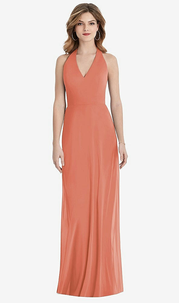 Back View - Terracotta Copper V-Neck Halter Chiffon Maxi Dress - Taryn