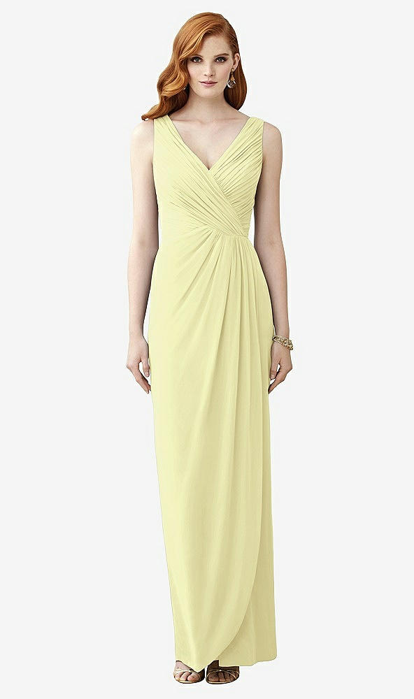 Front View - Butter Yellow Sleeveless Draped Faux Wrap Maxi Dress - Dahlia