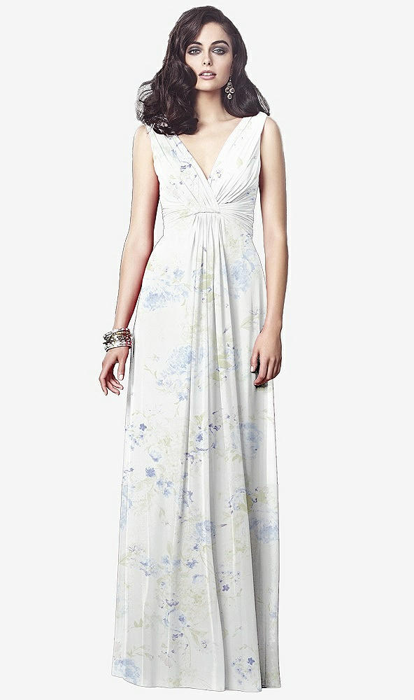 Front View - Bleu Garden Draped V-Neck Shirred Chiffon Maxi Dress