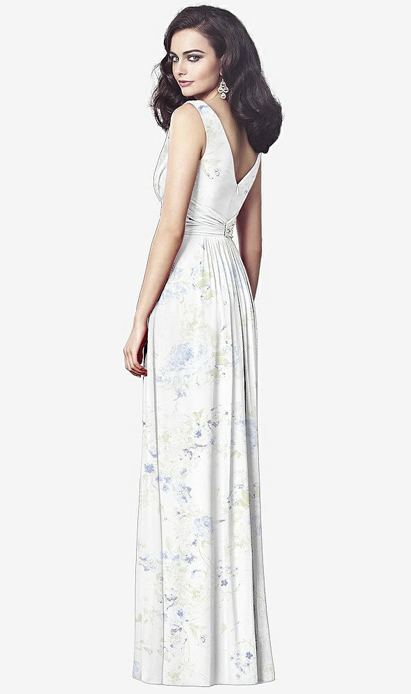 Back View - Bleu Garden Draped V-Neck Shirred Chiffon Maxi Dress