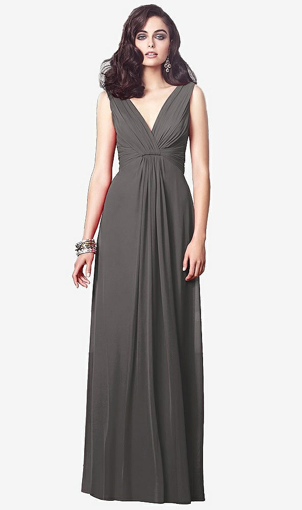 Front View - Caviar Gray Draped V-Neck Shirred Chiffon Maxi Dress