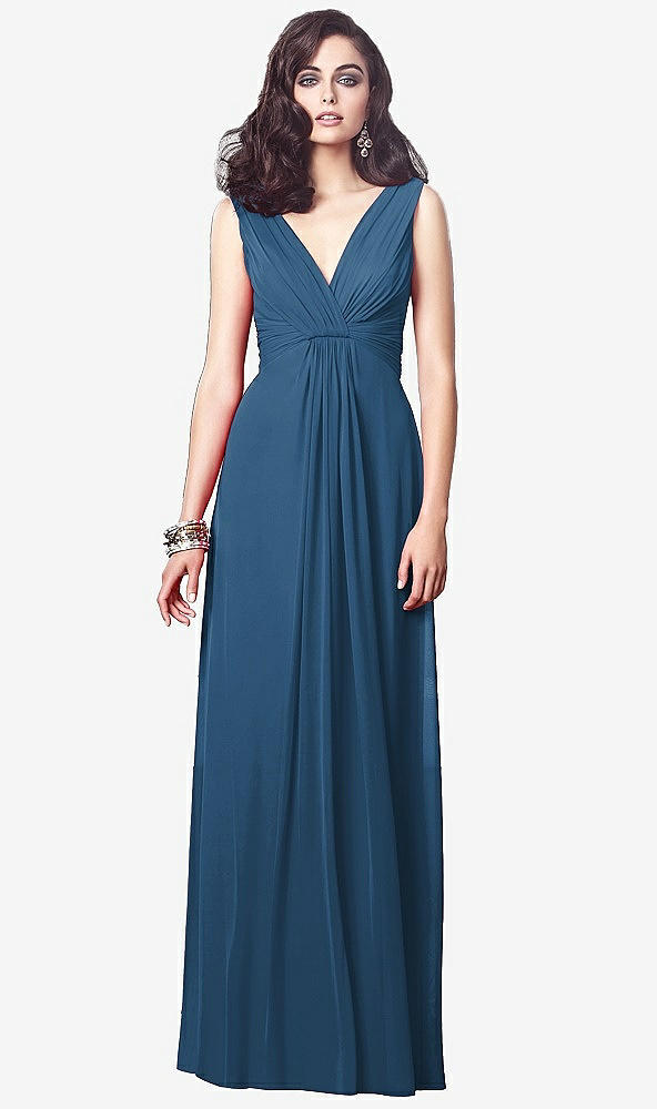 Front View - Dusk Blue Draped V-Neck Shirred Chiffon Maxi Dress