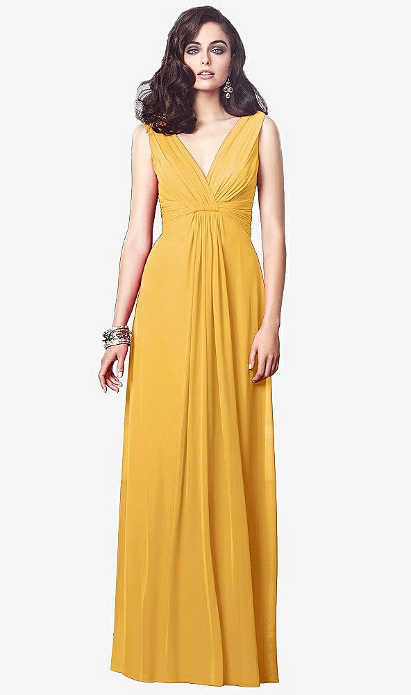 Front View - NYC Yellow Draped V-Neck Shirred Chiffon Maxi Dress