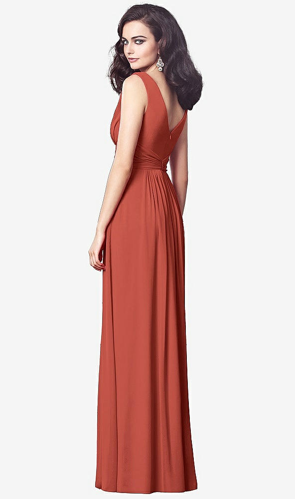 Back View - Amber Sunset Draped V-Neck Shirred Chiffon Maxi Dress