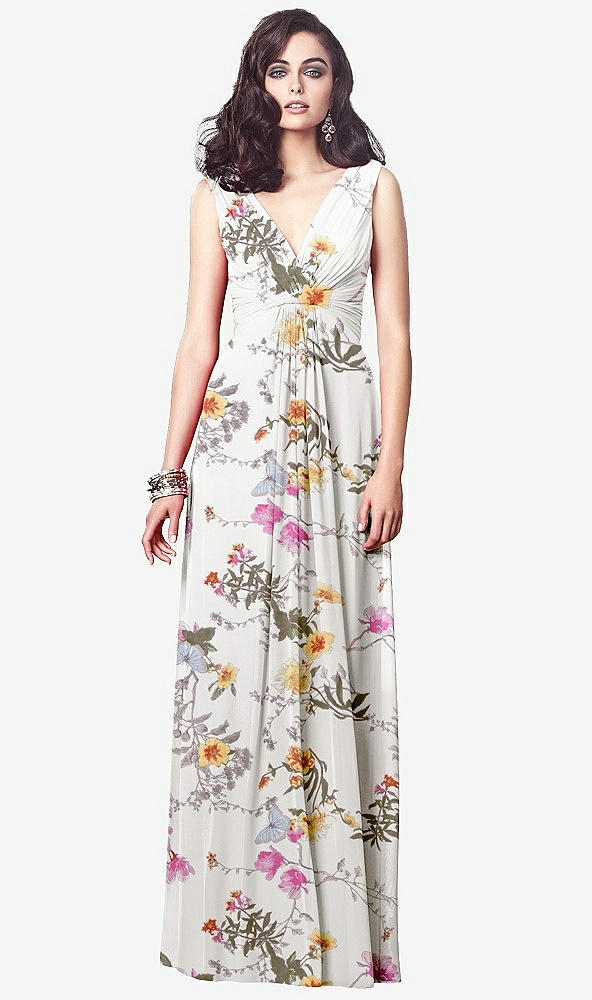 Front View - Butterfly Botanica Ivory Draped V-Neck Shirred Chiffon Maxi Dress