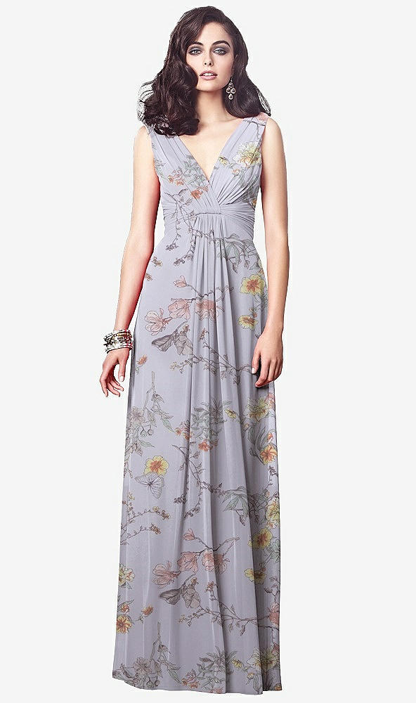 Front View - Butterfly Botanica Silver Dove Draped V-Neck Shirred Chiffon Maxi Dress