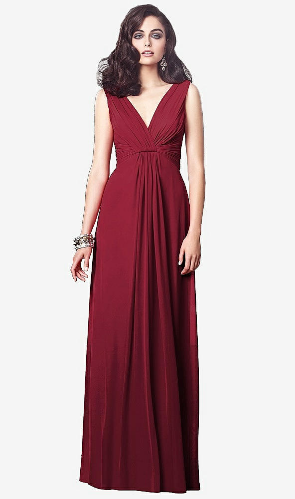 Front View - Burgundy Draped V-Neck Shirred Chiffon Maxi Dress