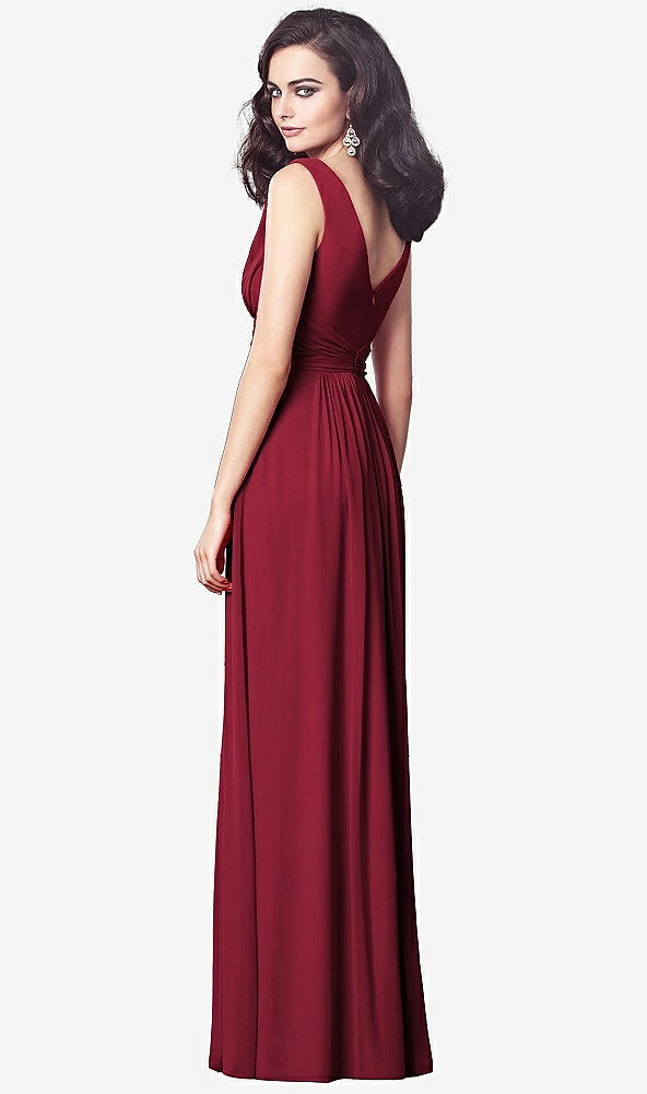 Back View - Burgundy Draped V-Neck Shirred Chiffon Maxi Dress