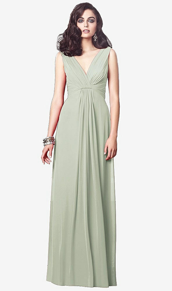 Front View - Celadon Draped V-Neck Shirred Chiffon Maxi Dress