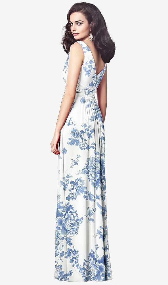 Back View - Cottage Rose Dusk Blue Draped V-Neck Shirred Chiffon Maxi Dress