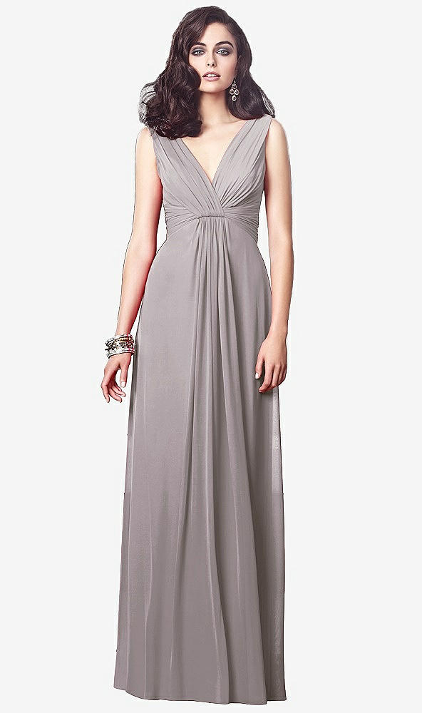 Front View - Cashmere Gray Draped V-Neck Shirred Chiffon Maxi Dress