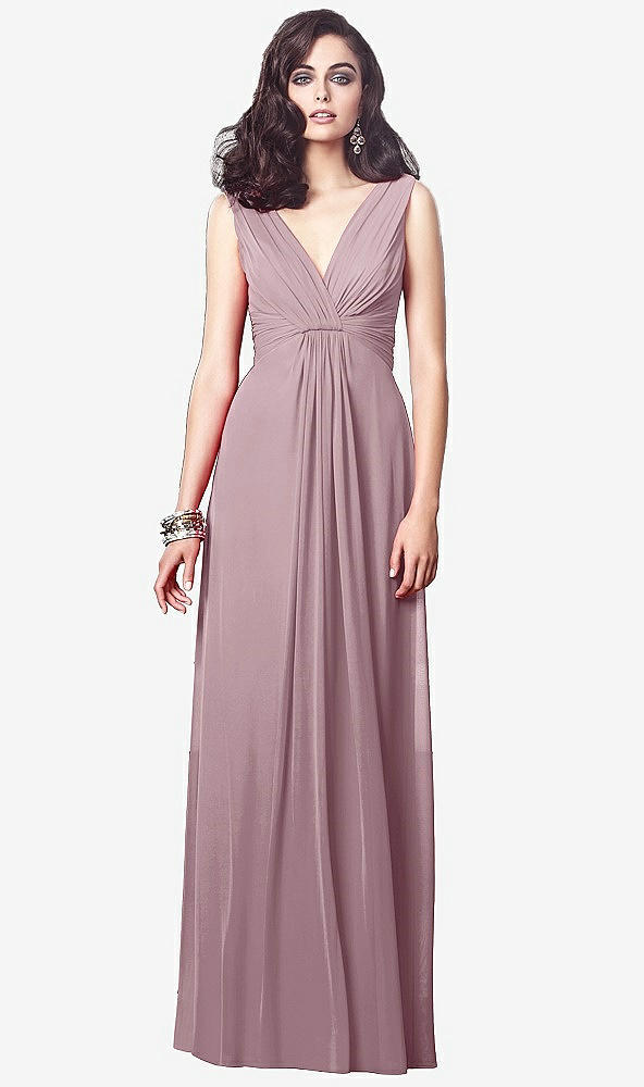 Front View - Dusty Rose Draped V-Neck Shirred Chiffon Maxi Dress