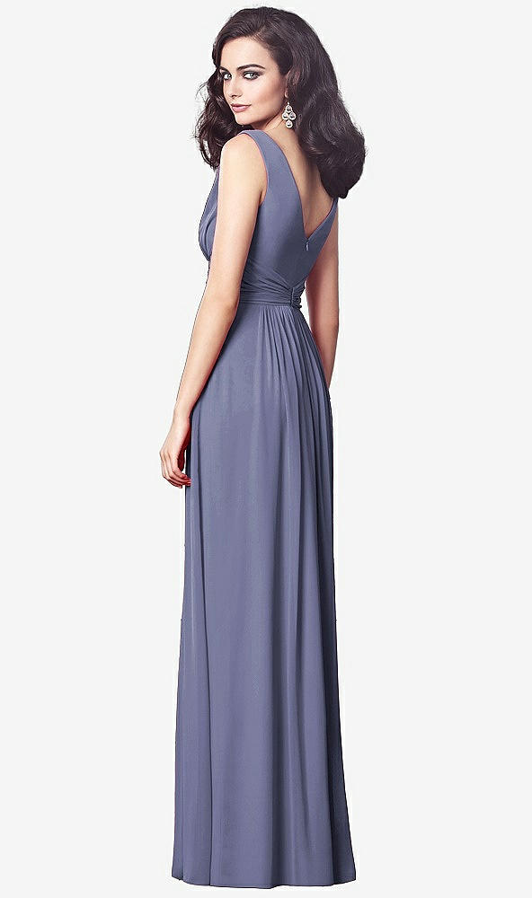 Back View - French Blue Draped V-Neck Shirred Chiffon Maxi Dress