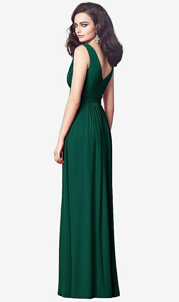 Back View - Hunter Green Draped V-Neck Shirred Chiffon Maxi Dress