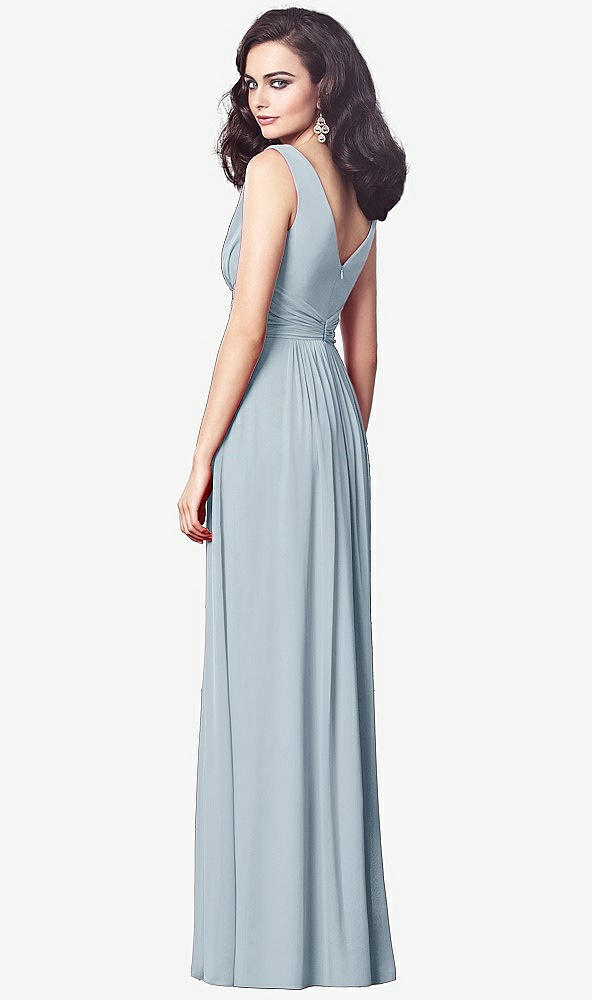 Back View - Mist Draped V-Neck Shirred Chiffon Maxi Dress