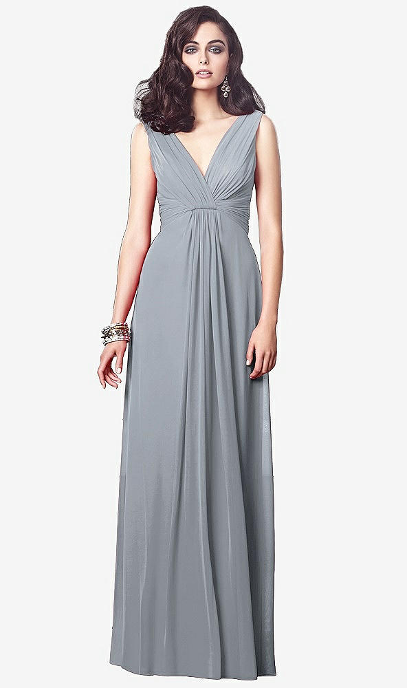 Front View - Platinum Draped V-Neck Shirred Chiffon Maxi Dress