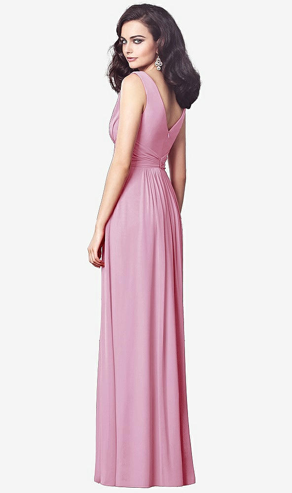 Back View - Powder Pink Draped V-Neck Shirred Chiffon Maxi Dress