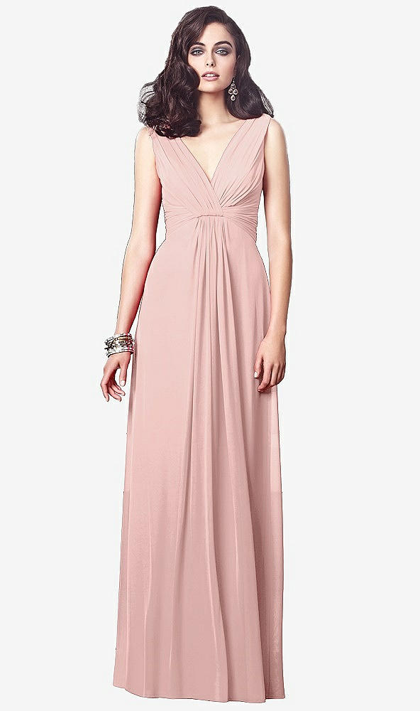 Front View - Rose - PANTONE Rose Quartz Draped V-Neck Shirred Chiffon Maxi Dress