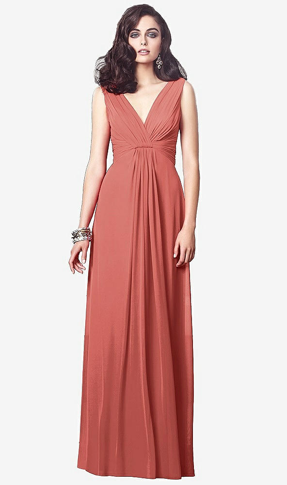 Front View - Coral Pink Draped V-Neck Shirred Chiffon Maxi Dress