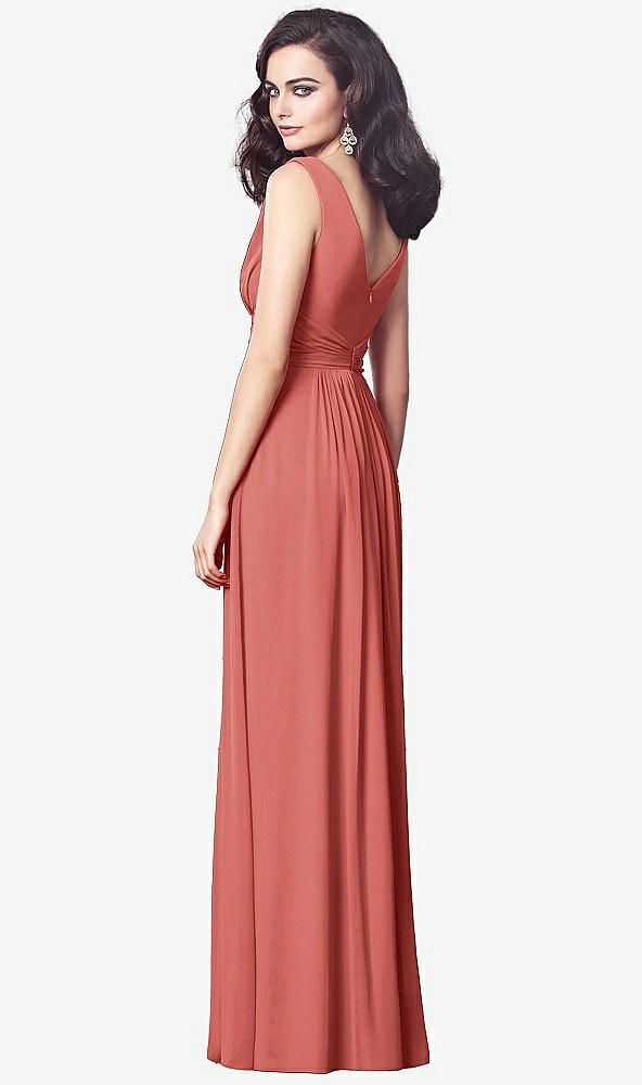 Back View - Coral Pink Draped V-Neck Shirred Chiffon Maxi Dress